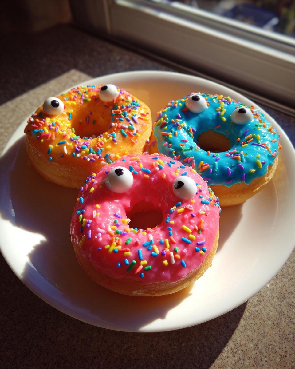 Three colorful Halloween donuts you can make at home, decorated with icing, sprinkles, and candy eyes.