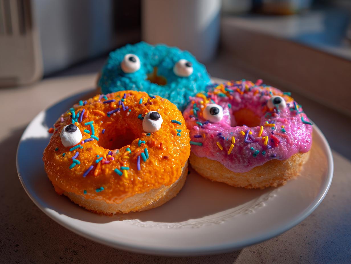 Three colorful Halloween Donuts You Can Make at Home, decorated with frosting, sprinkles, and candy eyes.