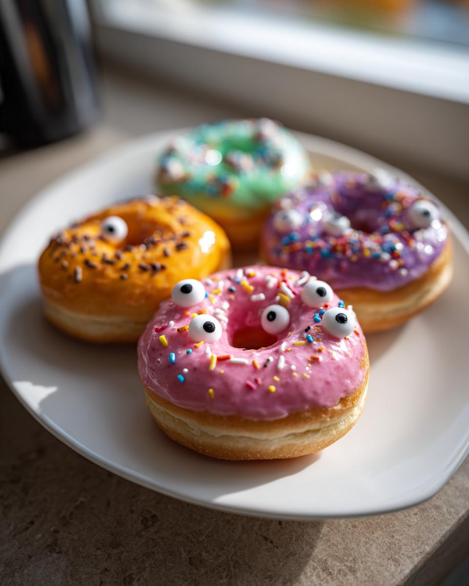 A plate of colorful Halloween Donuts You Can Make at Home, decorated with frosting, sprinkles, and candy eyes.