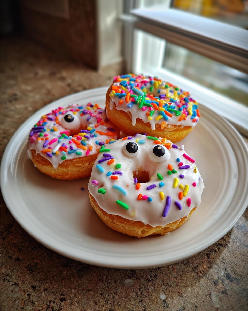 Three homemade Halloween donuts with white frosting, colorful sprinkles, and candy eyes on a white plate.