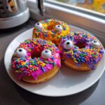 Three homemade Halloween donuts with colorful frosting, sprinkles, and candy eyeballs on a white plate.