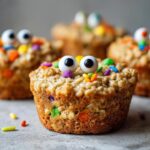 Close-up of Halloween-Themed Oatmeal Cups decorated with candy eyes and colorful sprinkles.