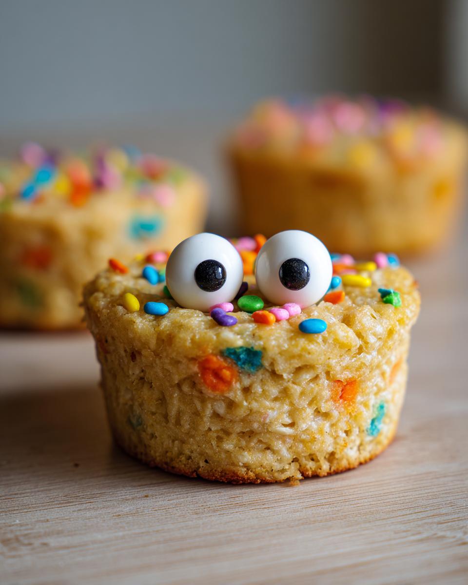 A Halloween-Themed Oatmeal Cup decorated with sprinkles and candy eyes sits on a wooden surface.
