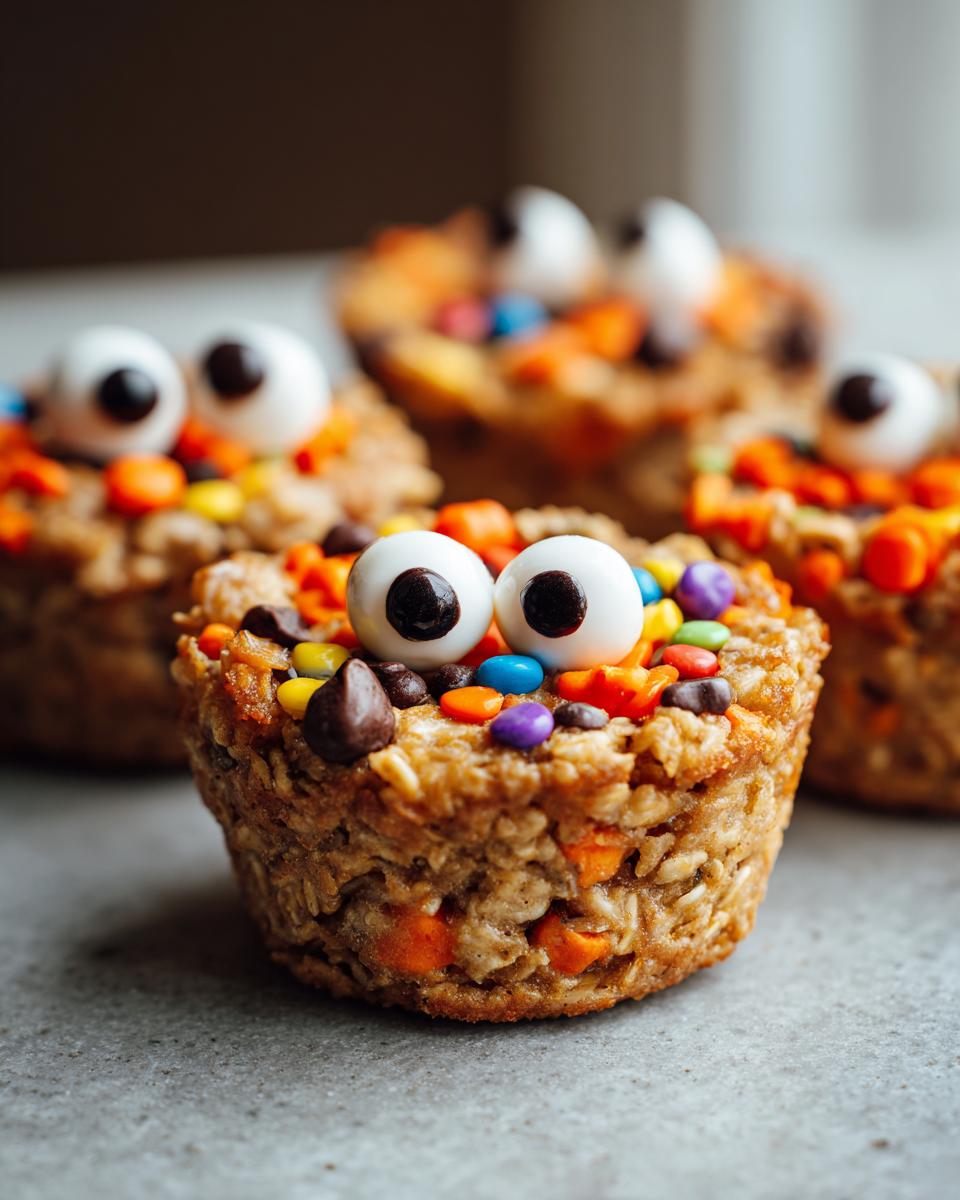 Close-up of Halloween-Themed Oatmeal Cups decorated with candy eyes and colorful sprinkles.