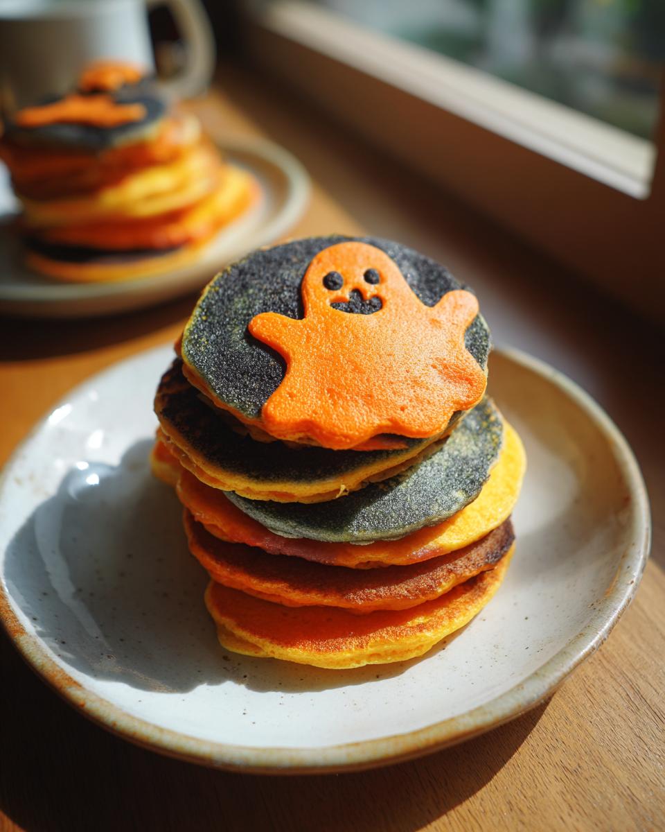 Stack of colorful Halloween Pancake Art Ideas, featuring an orange ghost on black and orange pancakes.