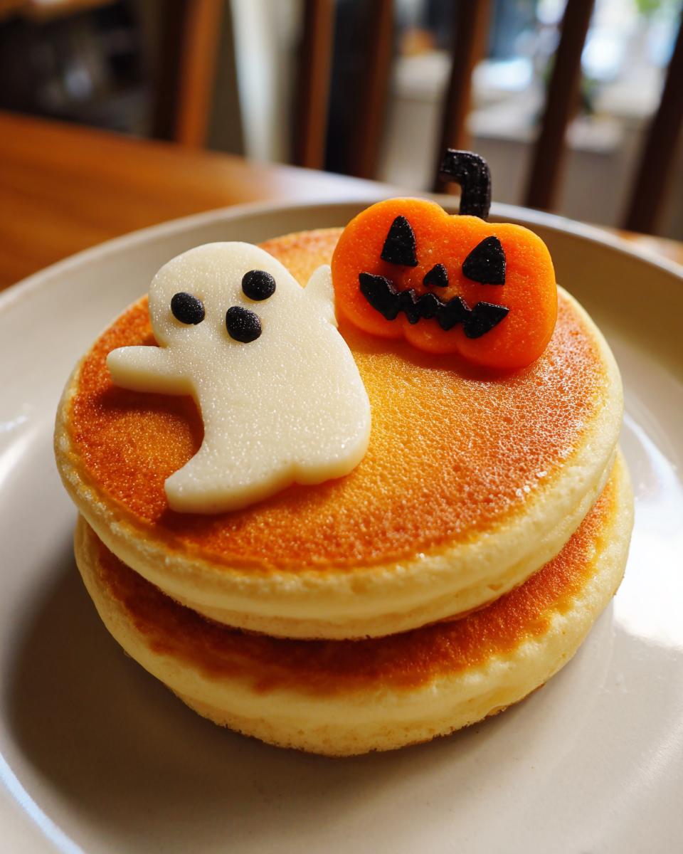 Stack of pancakes decorated with a ghost and pumpkin for Halloween Pancake Art.