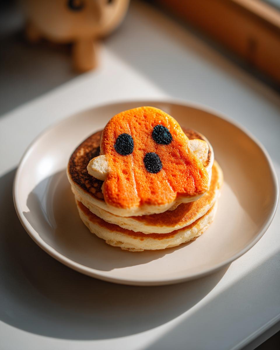 Stack of pancakes with a ghost-shaped pancake on top, a fun Halloween Pancake Art Idea for kids.