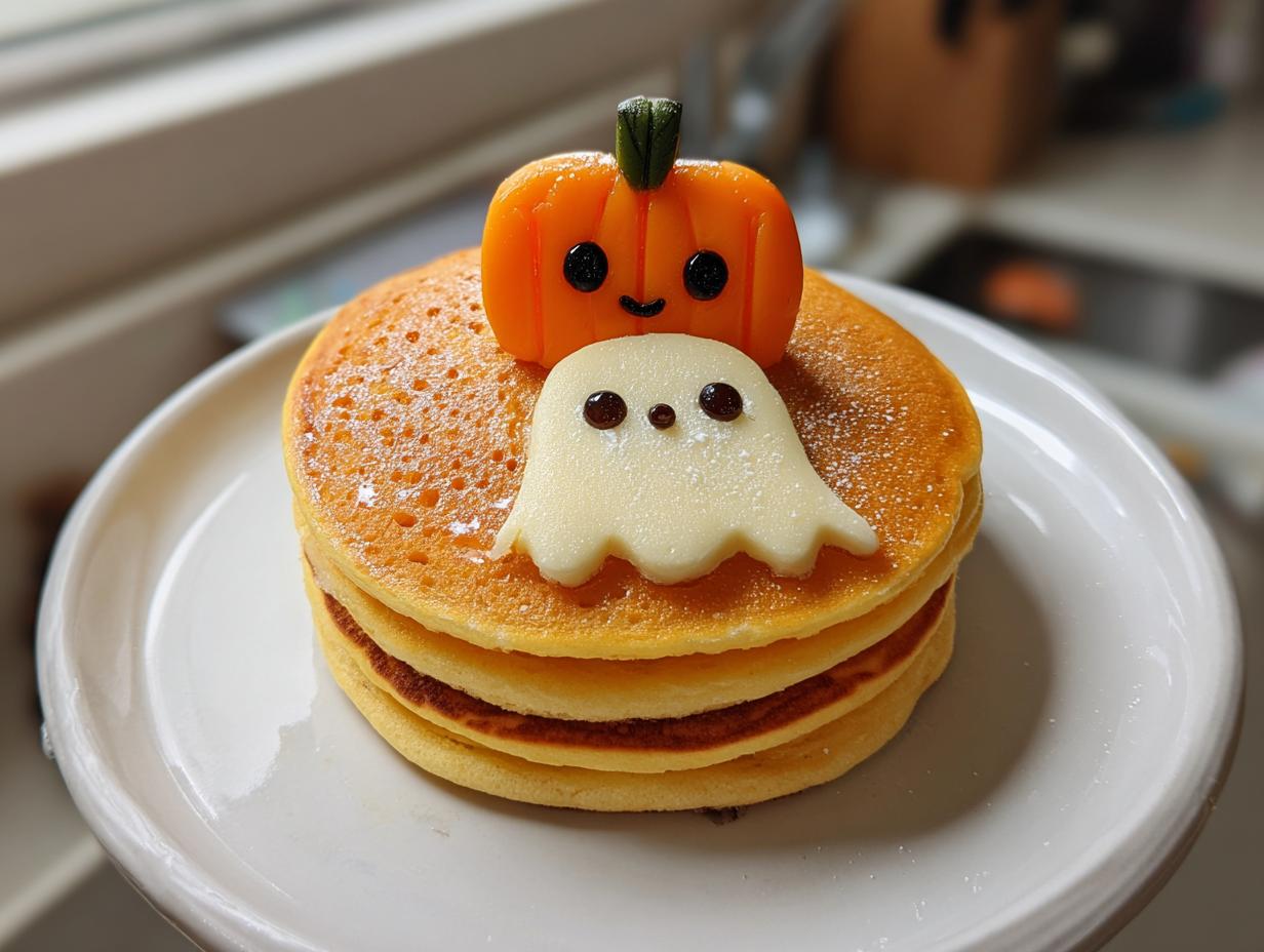 Stack of pancakes decorated with a pumpkin and ghost for Halloween Pancake Art Ideas for Kids.