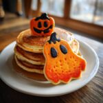 Stack of pancakes with syrup and Halloween Pancake Art Ideas, featuring pumpkin designs.