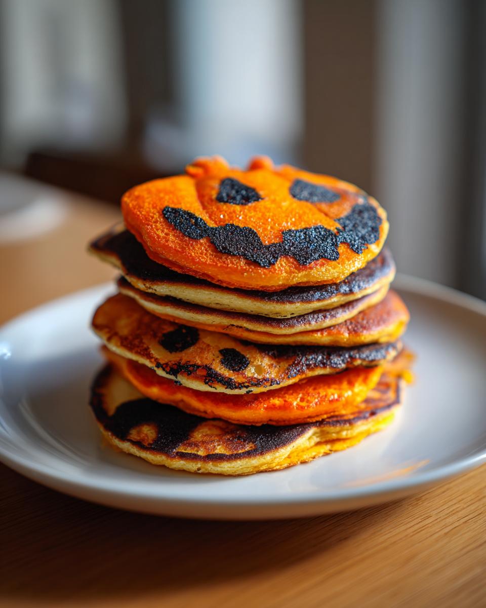 Stack of Halloween pancake art ideas, featuring pumpkin-shaped pancakes with jack-o'-lantern faces.