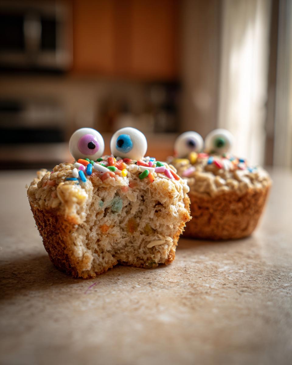 Two Halloween-Themed Oatmeal Cups, one with a bite taken out, decorated with sprinkles and candy eyes.