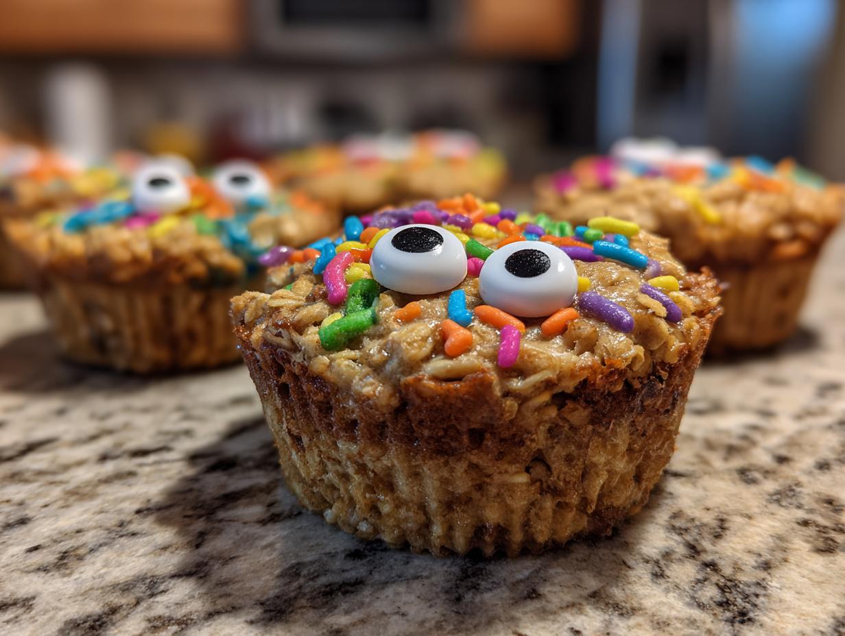 Close-up of Halloween-Themed Oatmeal Cups decorated with colorful sprinkles and candy eyes.