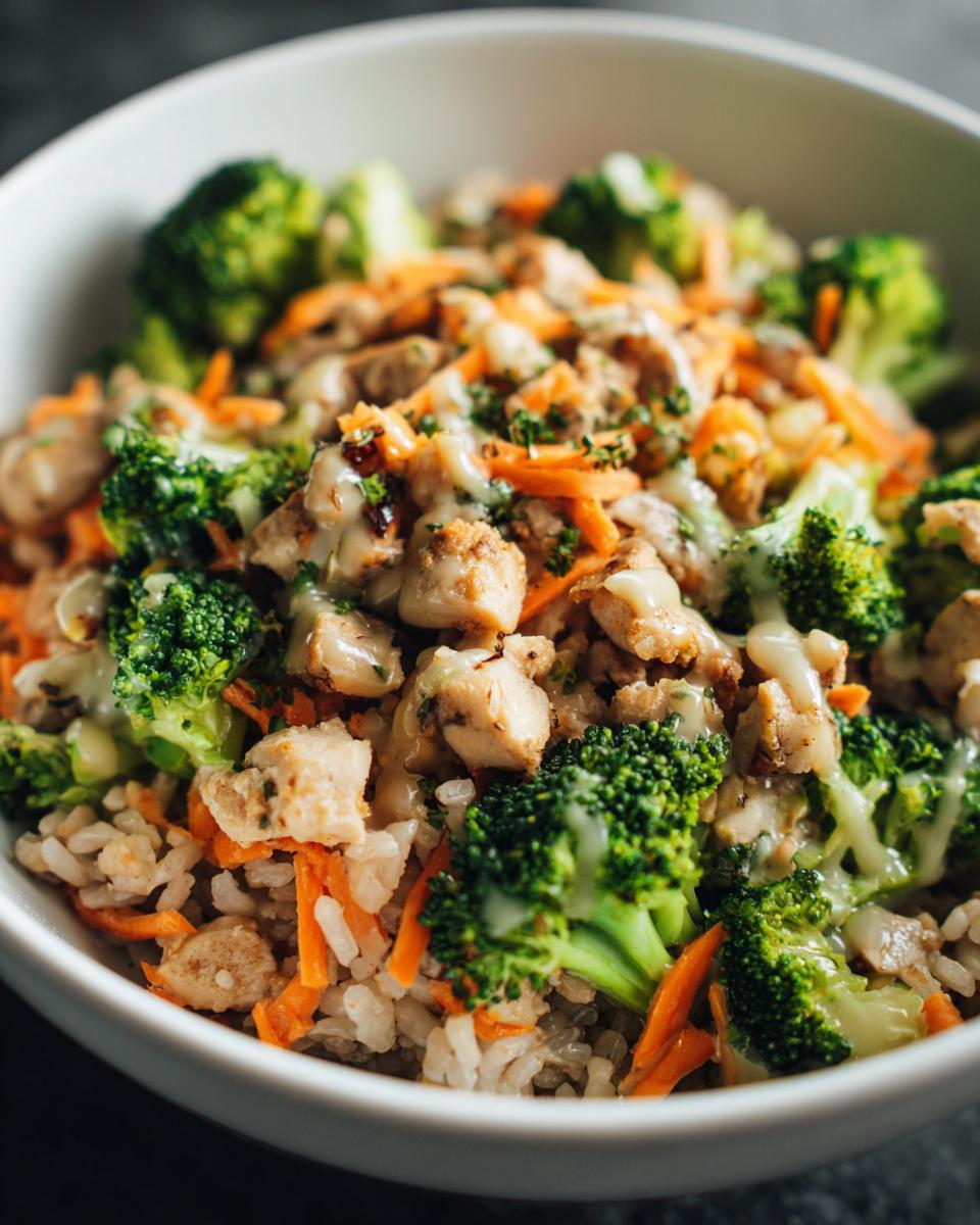 Close-up of a Healthy Chicken Rice Bowl with broccoli, carrots, and a creamy sauce.