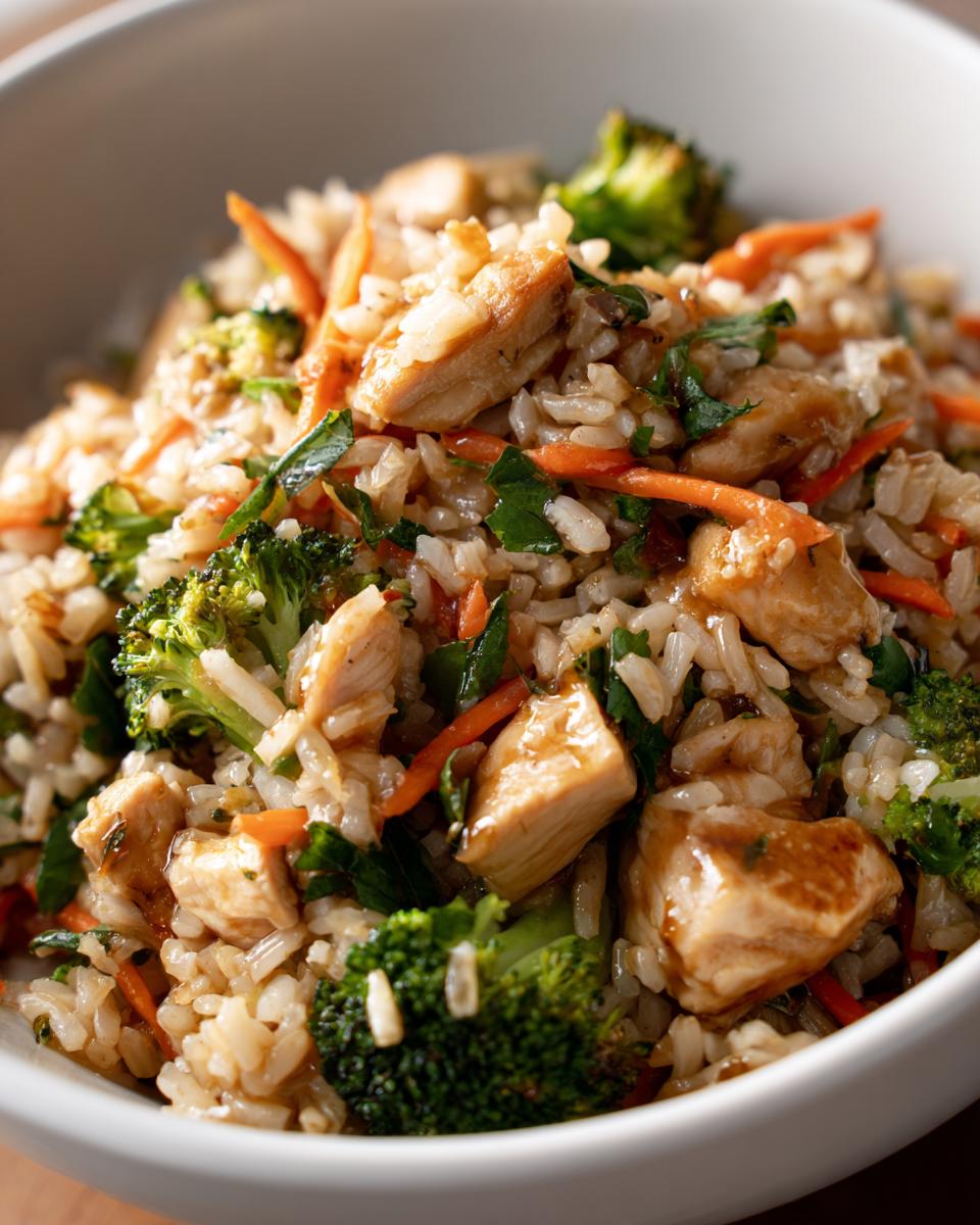 Close-up of a Healthy Chicken Rice Bowls with broccoli, carrots, and herbs in a white bowl.