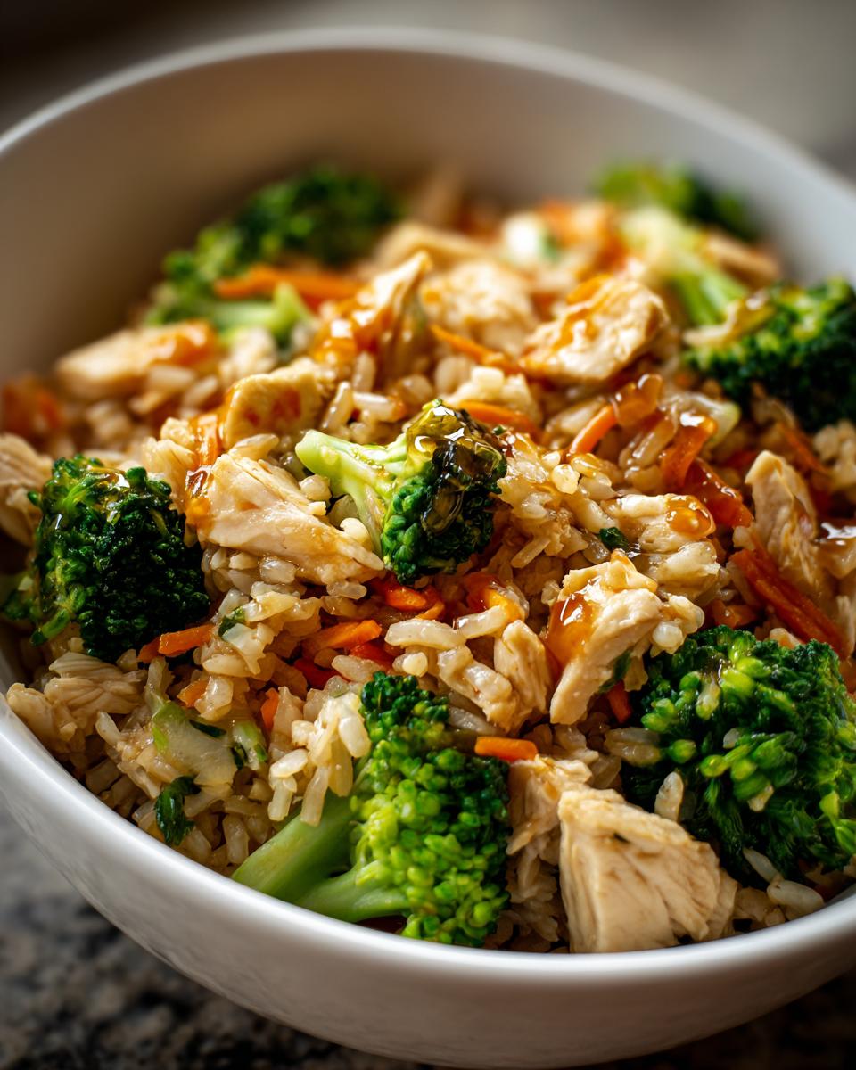 Close-up of a Healthy Chicken Rice Bowls with rice, chicken, broccoli, and carrots in a white bowl.