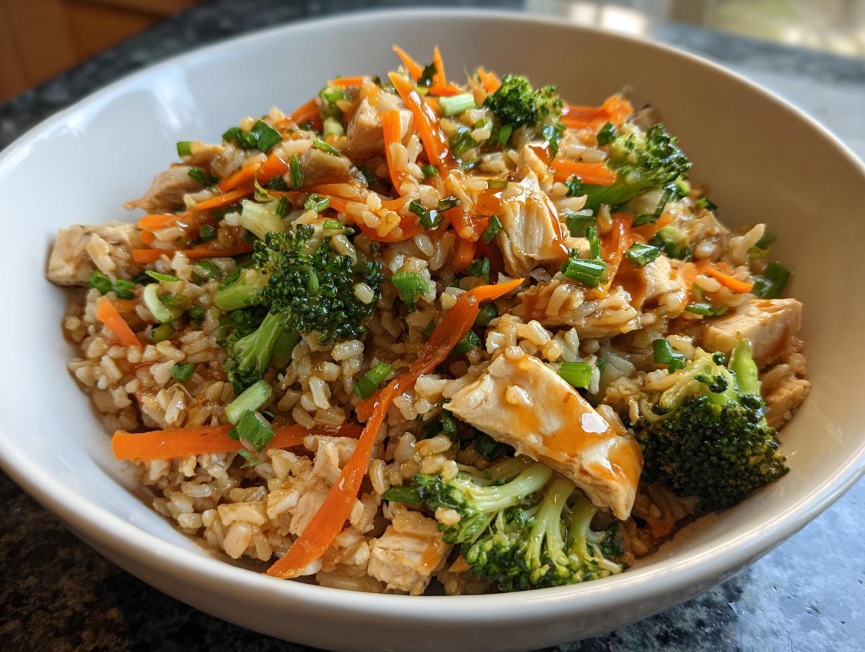 A delicious bowl of Healthy Chicken Rice Bowls with broccoli, carrots, and green onions.