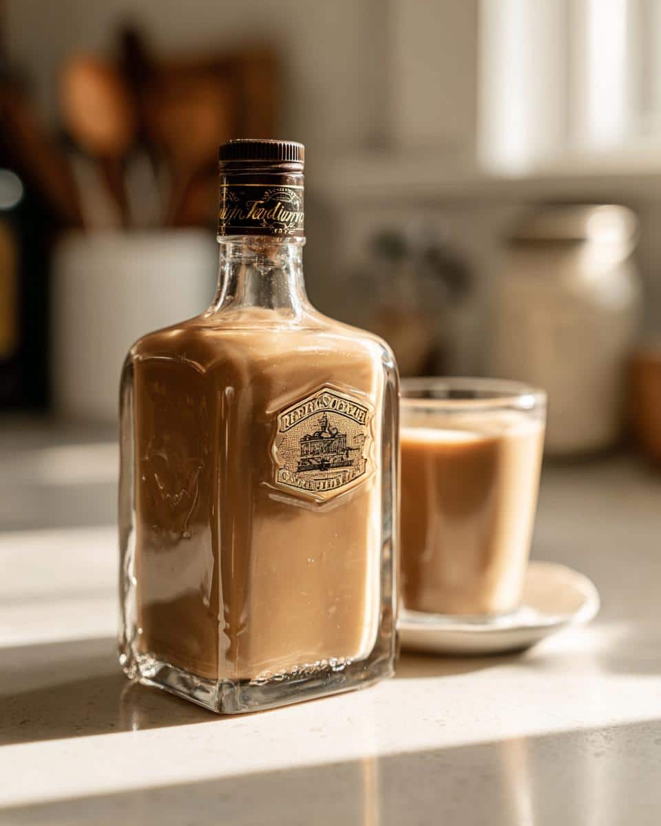 Bottle of homemade Easy Holiday Irish Cream Recipe next to a filled glass, ready for gifting.