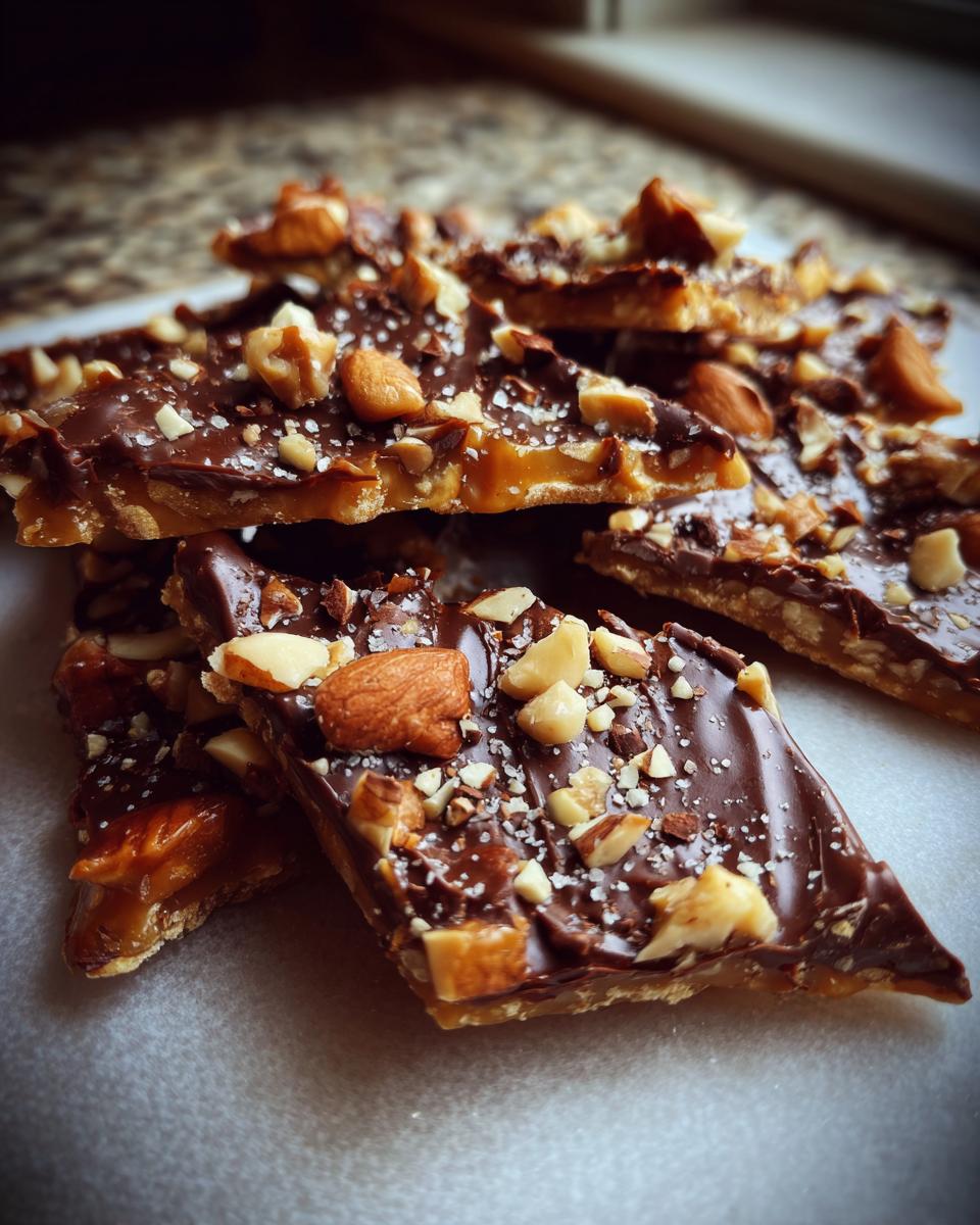 Close-up of several pieces of homemade Holiday Toffee Crunch, topped with chocolate and nuts.