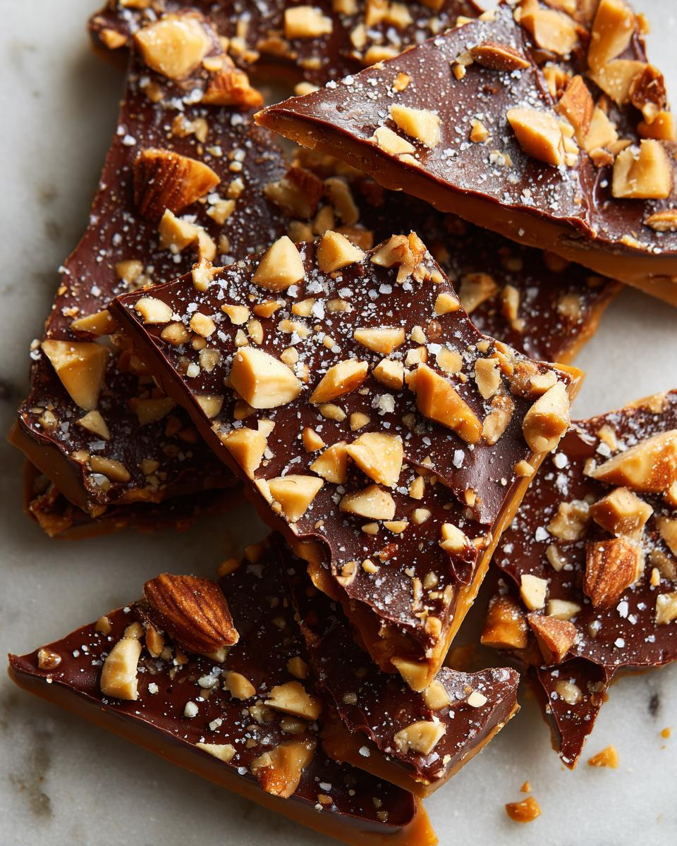 Close-up of chocolate Holiday Toffee Crunch pieces topped with almonds and sprinkled with sea salt.