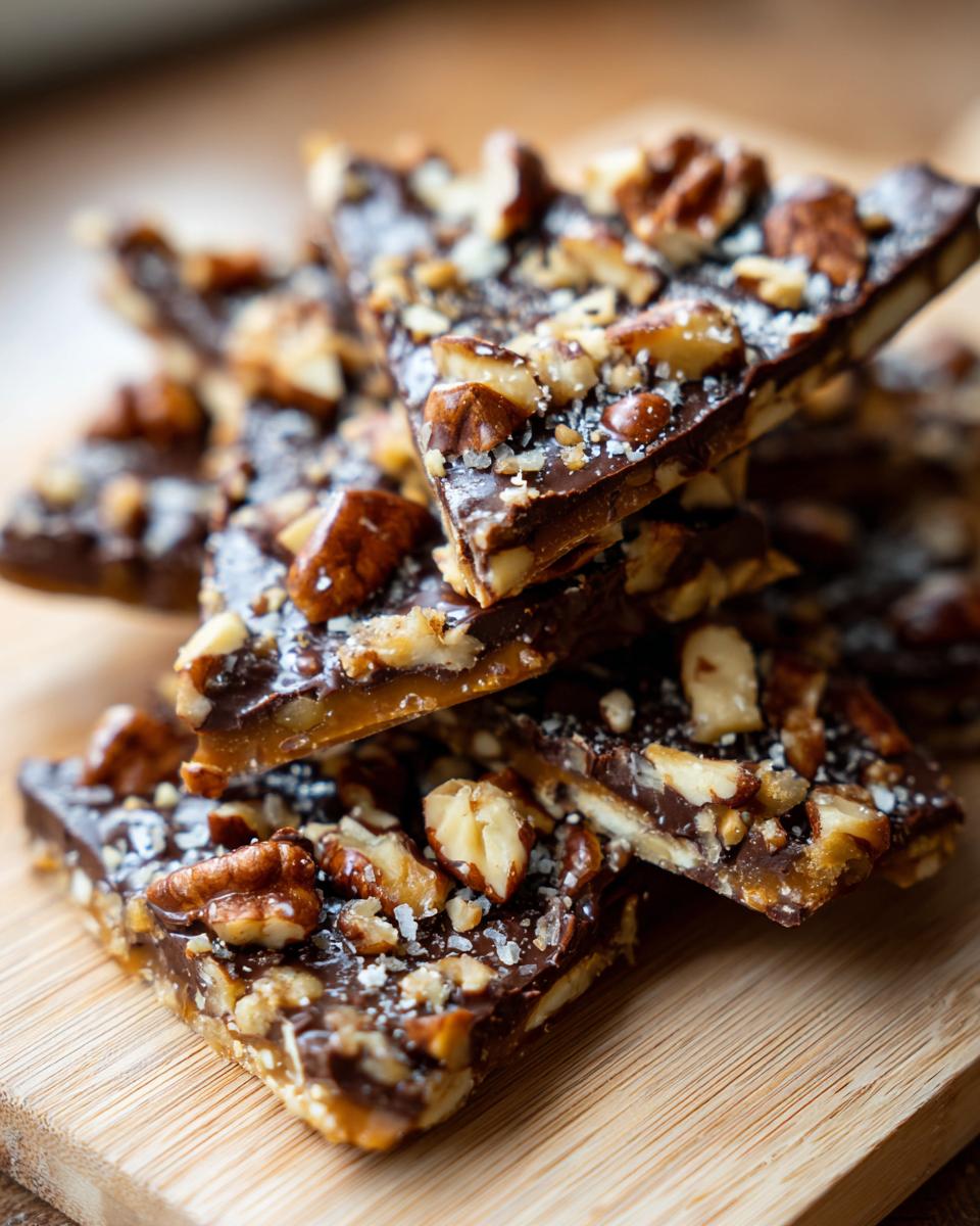 A stack of homemade Holiday Toffee Crunch pieces, topped with chocolate and nuts, on a wooden board.