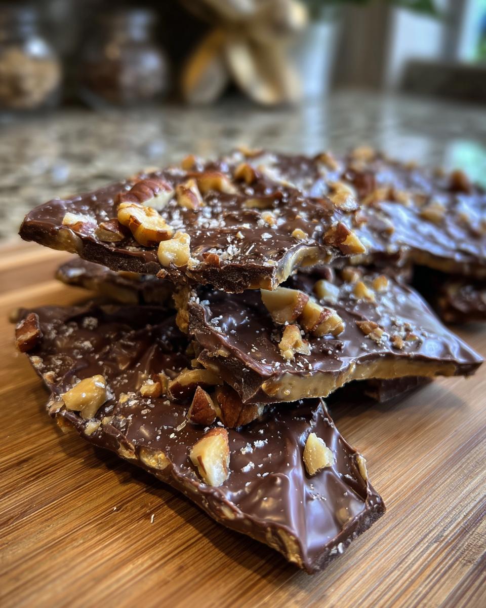 A stack of delicious Holiday Toffee Crunch pieces, topped with nuts and a sprinkle of sugar.