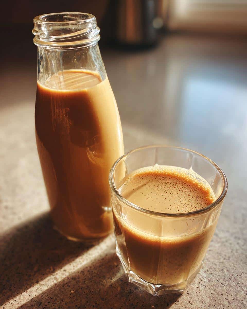 A bottle and glass of homemade Baileys, showing its creamy texture and color.