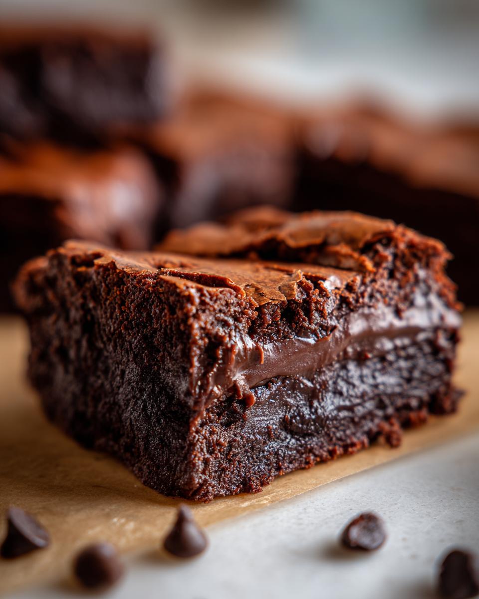 A close-up of a decadent Homemade Baileys Fudge brownie with a rich, fudgy center and chocolate chips.