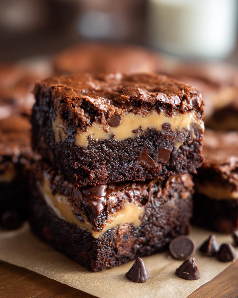 A stack of two Homemade Baileys Fudge Brownies with a creamy layer, topped with chocolate chips.