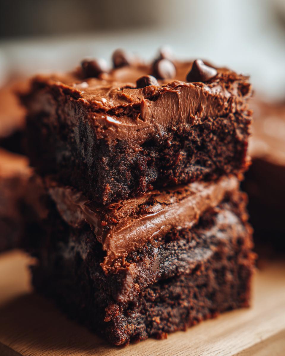 Two stacked Homemade Baileys Fudge Brownies with chocolate frosting and chips on a wooden board.