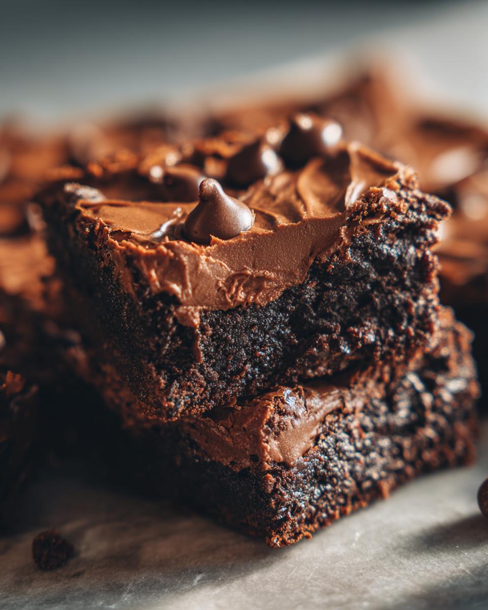 Close-up of stacked Homemade Baileys Fudge Brownies with chocolate frosting and chocolate chips.