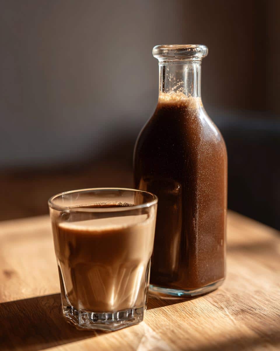 A glass and bottle of homemade Baileys with simple ingredients on a wooden table.