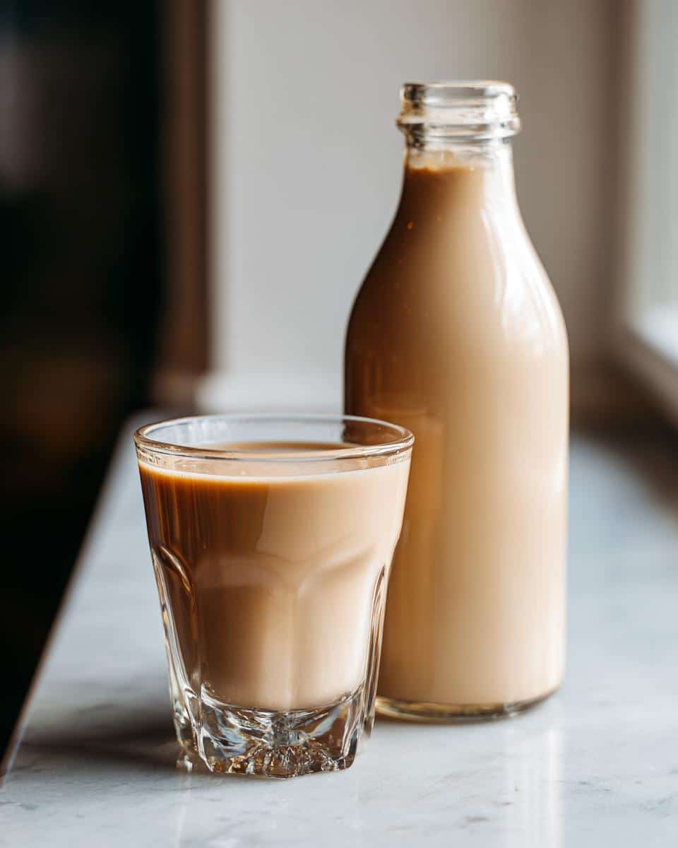 Glass and bottle of homemade Baileys with simple ingredients, creamy liqueur.