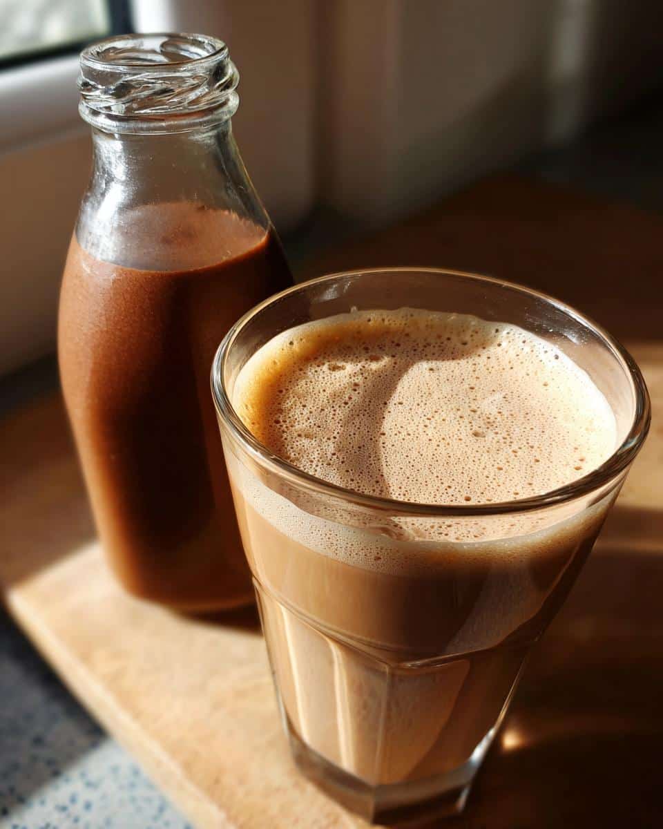 A glass and bottle of homemade Baileys with Simple Ingredients, showing a creamy, frothy texture.