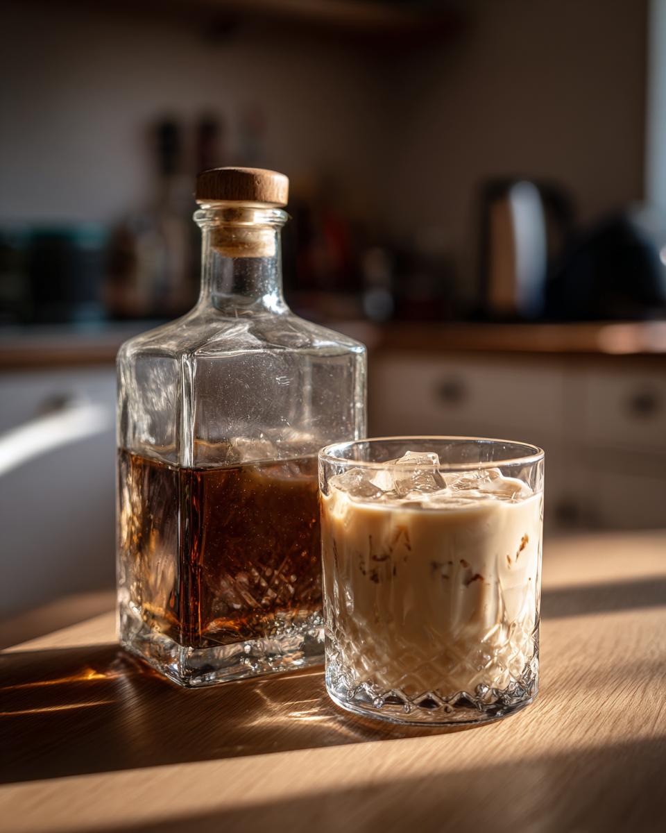 Bottle and glass of Homemade Irish Cream for Baking with ice on a wooden surface.