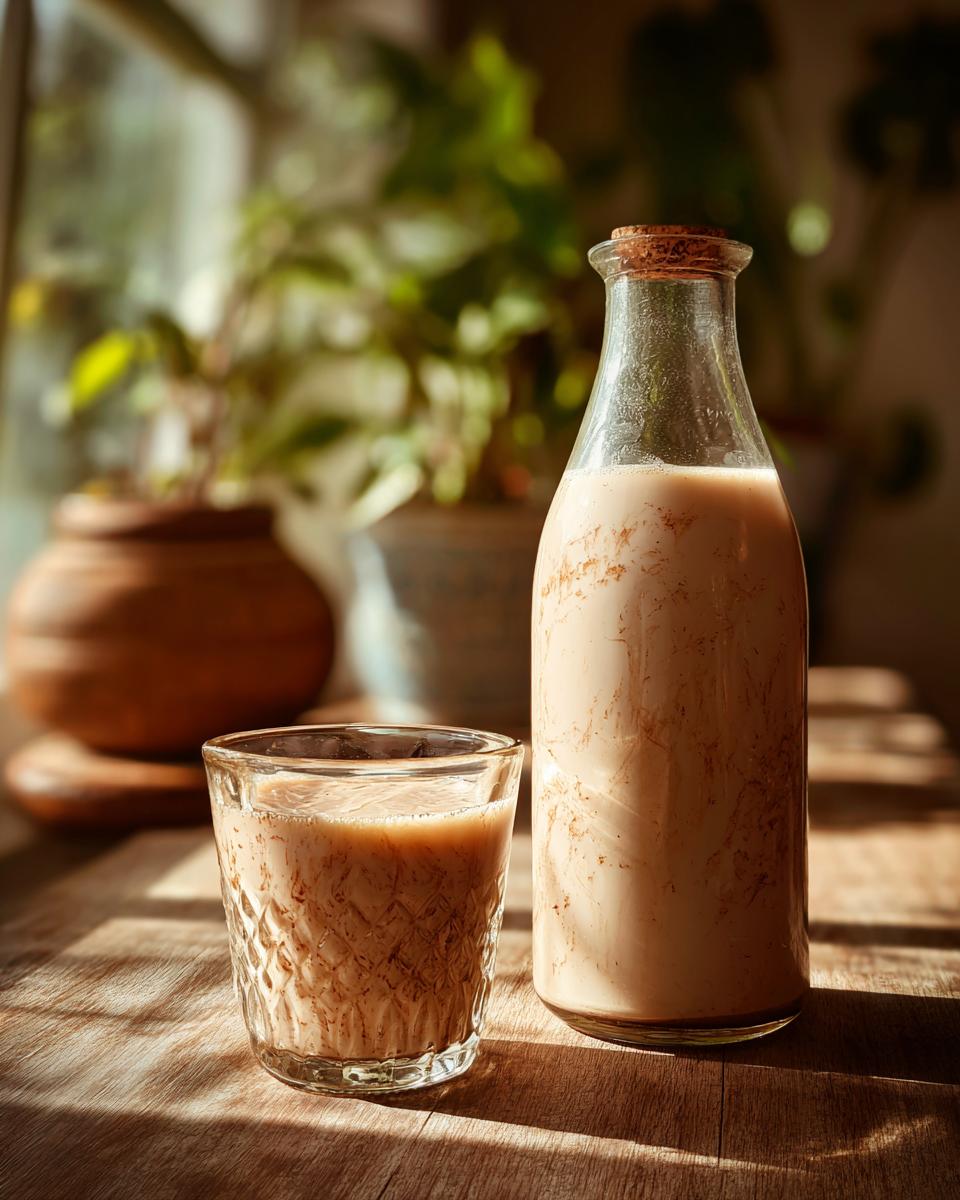 Bottle and glass of Homemade Irish Cream for Baking on a wooden surface with natural light.