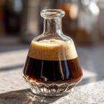 A glass bottle filled with Homemade Irish Cream, showing a rich, creamy texture and dark color.