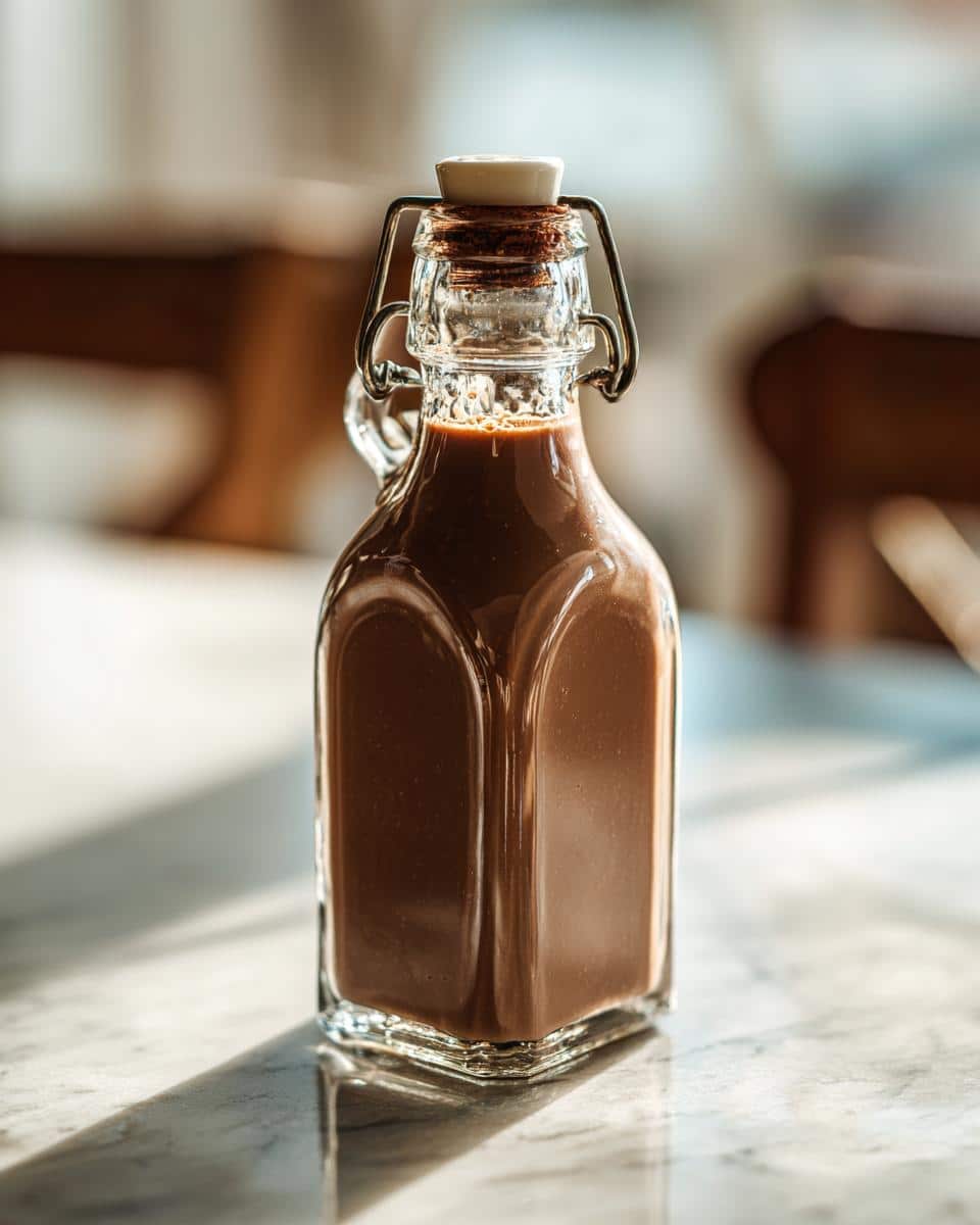 A bottle filled with Homemade Irish Cream, ready to be used in desserts or drinks.