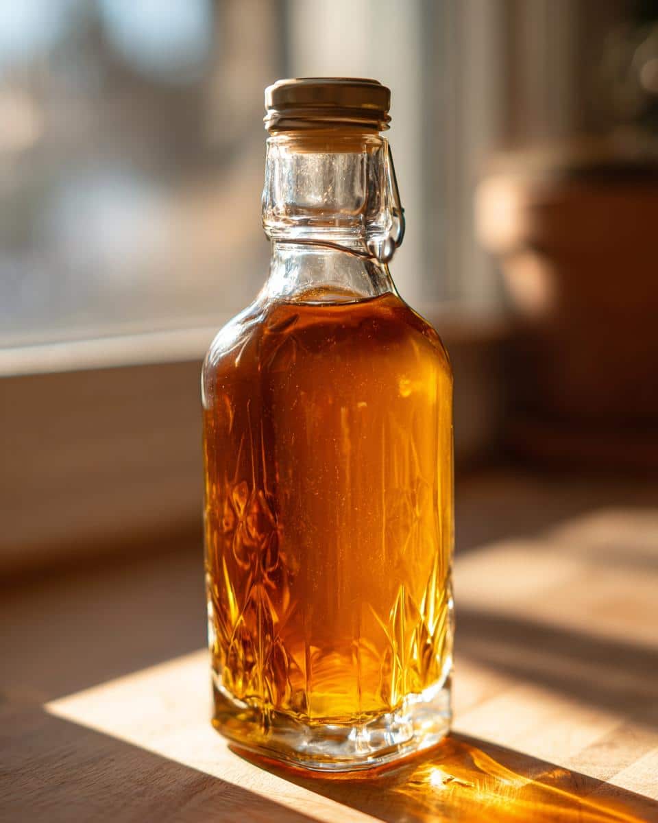 A bottle of Homemade Irish Cream sits on a wooden surface, illuminated by sunlight.