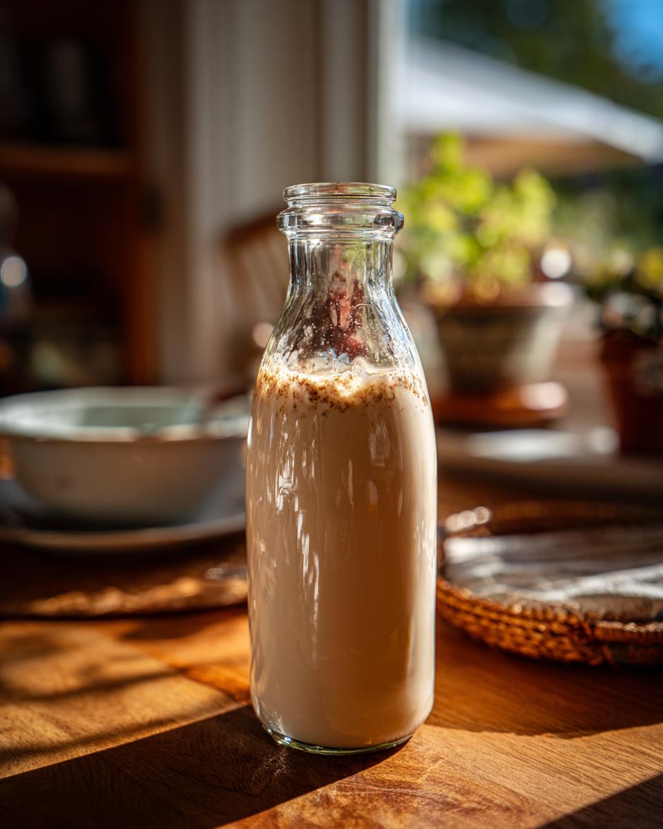 A bottle of Homemade Irish Cream sits on a wooden table in a sunlit kitchen setting.