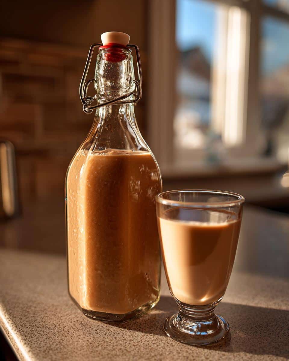A bottle and glass filled with Homemade Irish Cream, ready to be used in desserts and drinks.