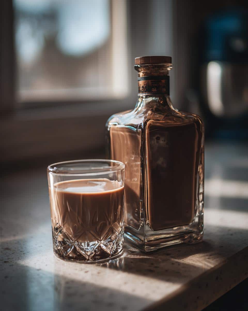 A bottle and glass filled with Homemade Irish Cream, ready to be used in desserts and drinks.