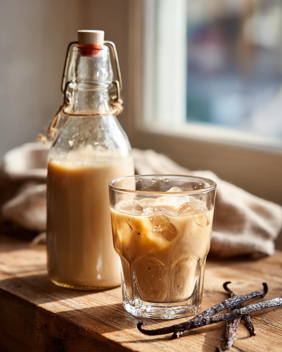 Homemade Irish Cream in a bottle and a glass with ice, garnished with vanilla beans.