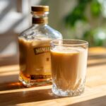 A glass and bottle of Homemade Irish Cream ready for baking or enjoying as a drink.