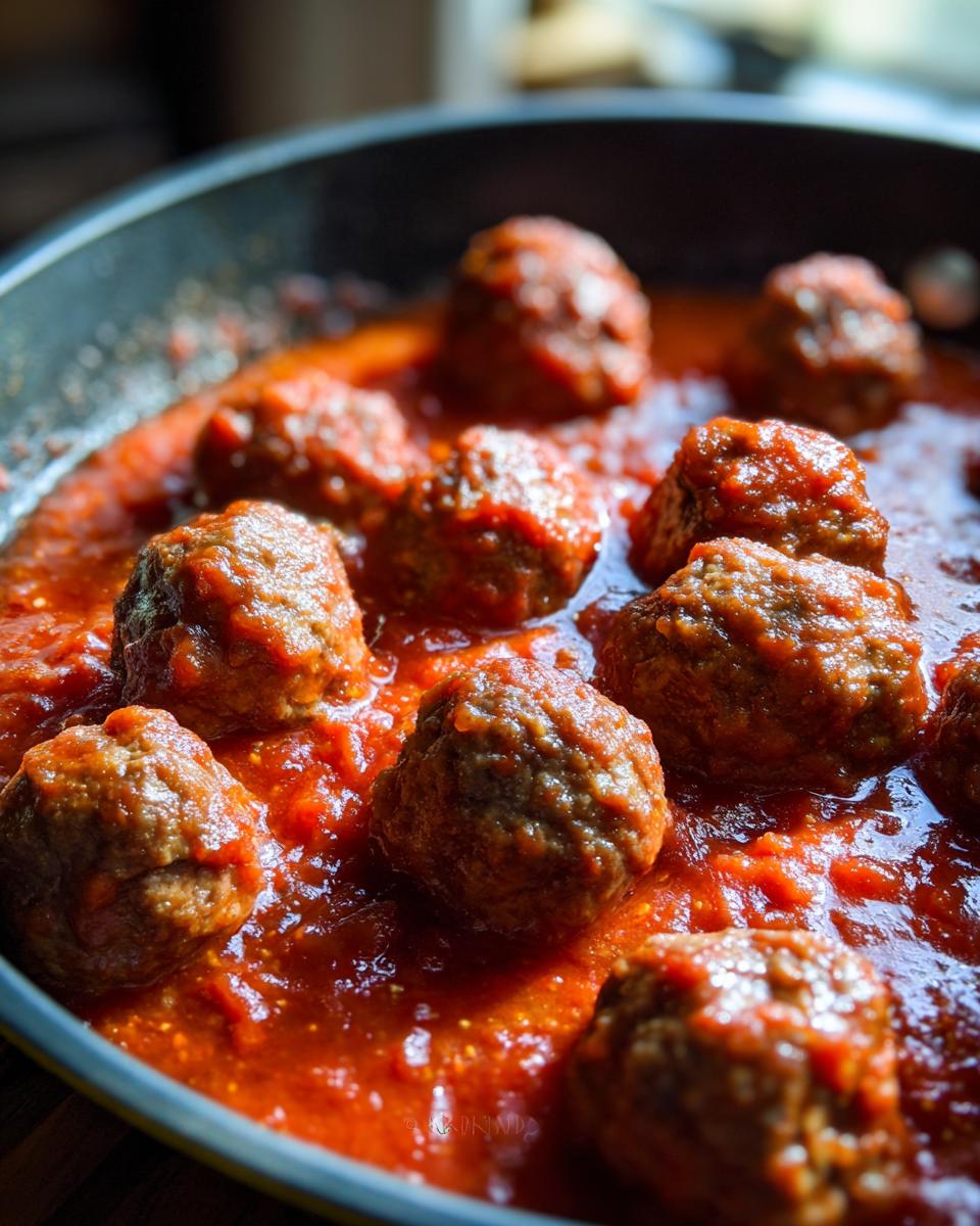 Close-up of Homemade Meatballs with Sauce simmering in a pan, ready to serve.