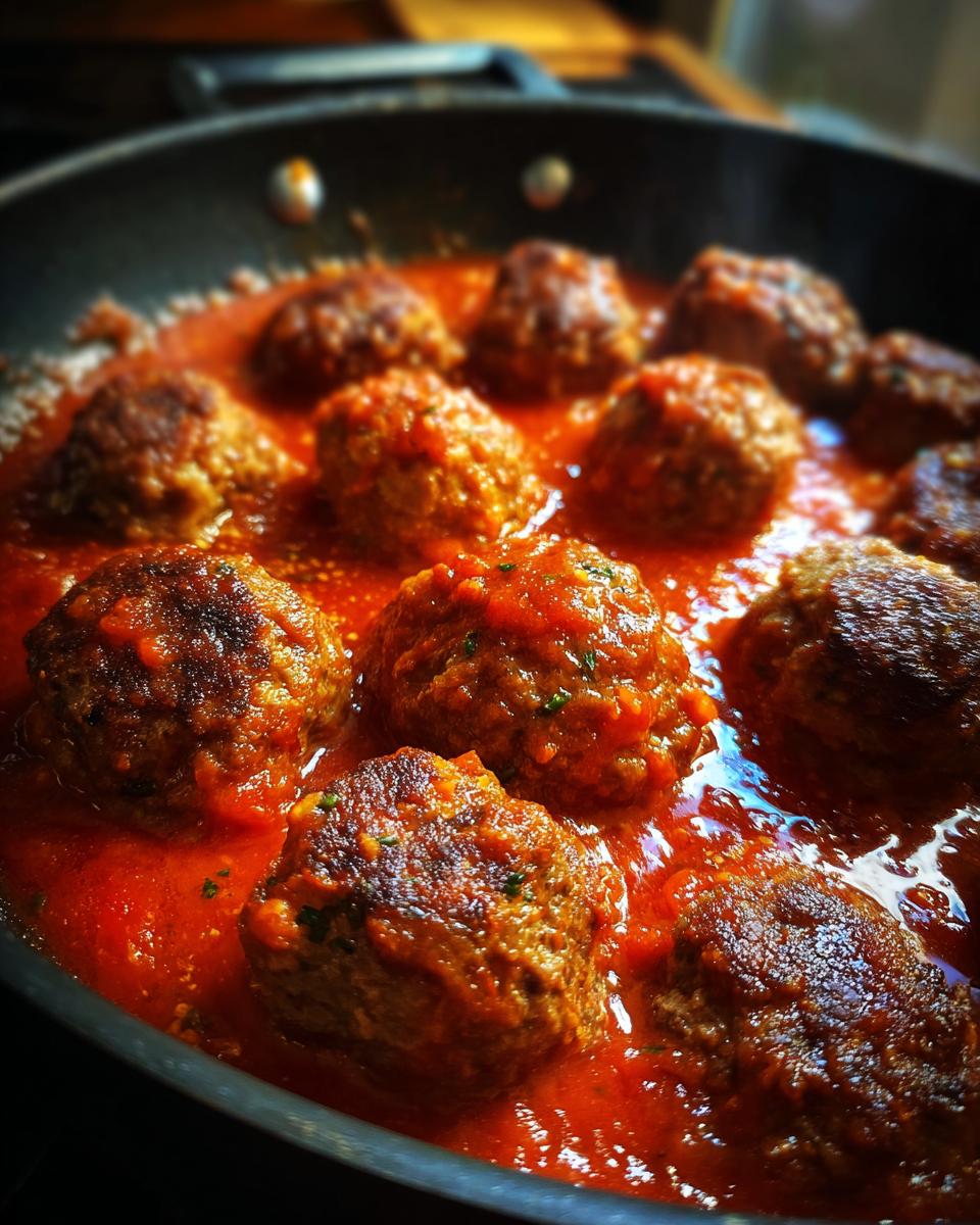 A pan filled with delicious Homemade Meatballs with Sauce, simmering in a rich tomato sauce.