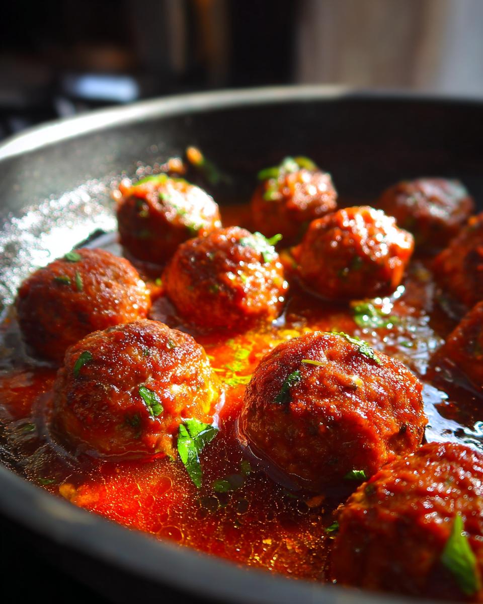 Close-up of homemade meatballs with sauce simmering in a pan, garnished with fresh herbs.