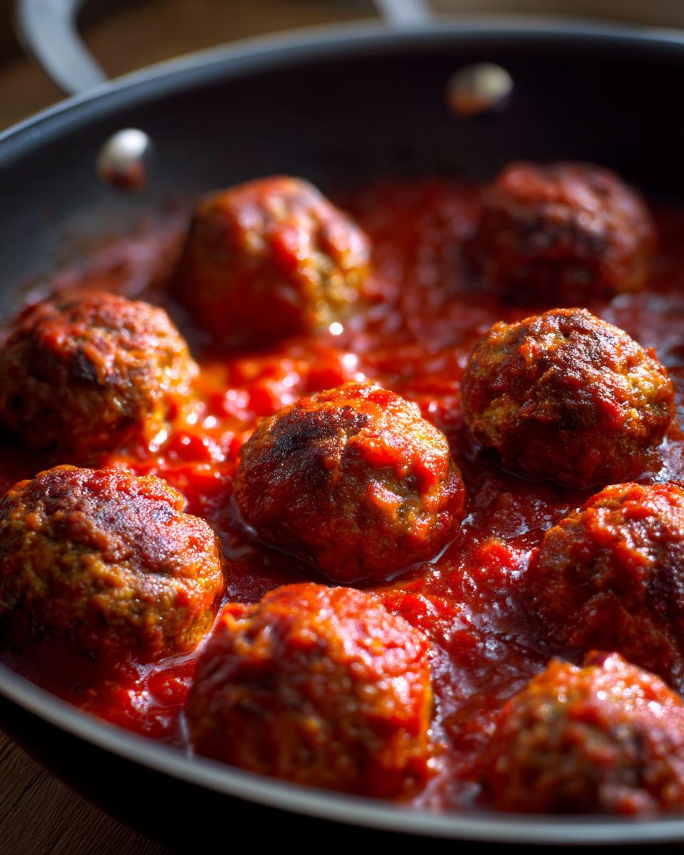 Close-up of Homemade Meatballs with Sauce simmering in a pan, ready to serve.