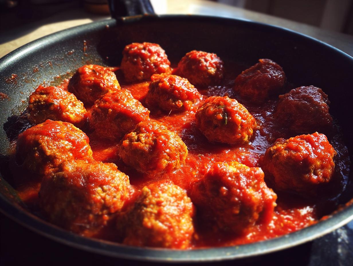 A pan filled with delicious homemade meatballs simmered in a rich tomato sauce.