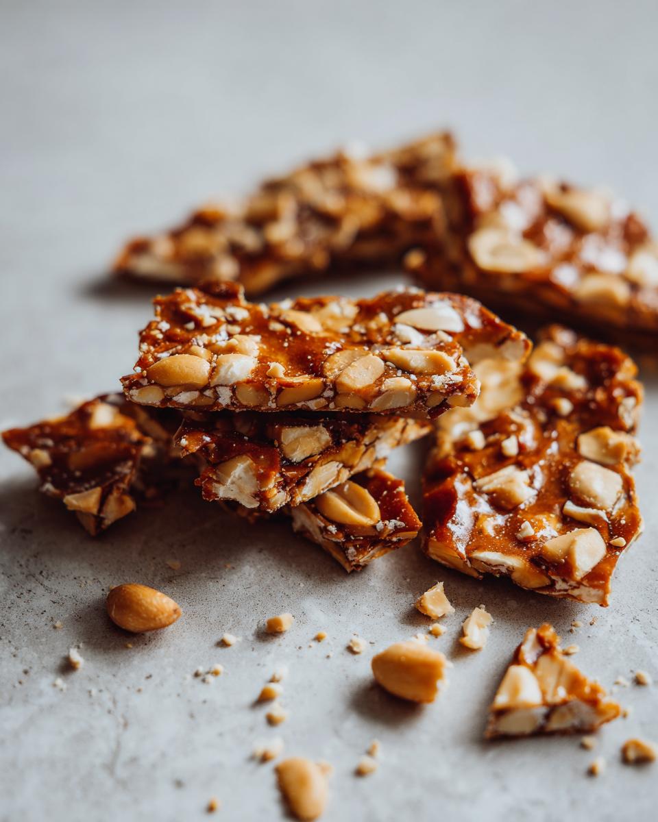 Close-up of stacked pieces of Homemade Peanut Brittle, showing the peanuts and shiny caramel.