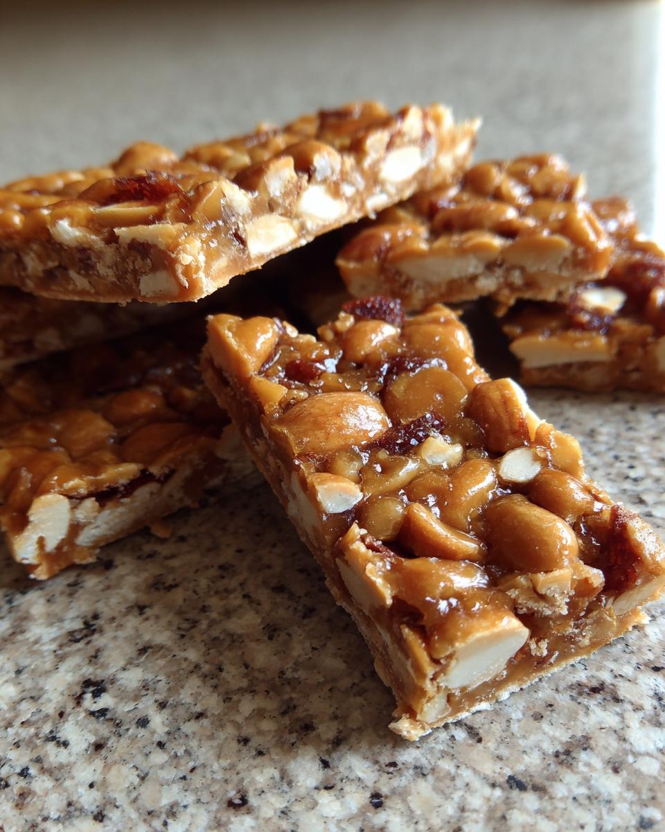 Close-up of stacked pieces of Homemade Peanut Brittle, showing peanuts and caramelized sugar.